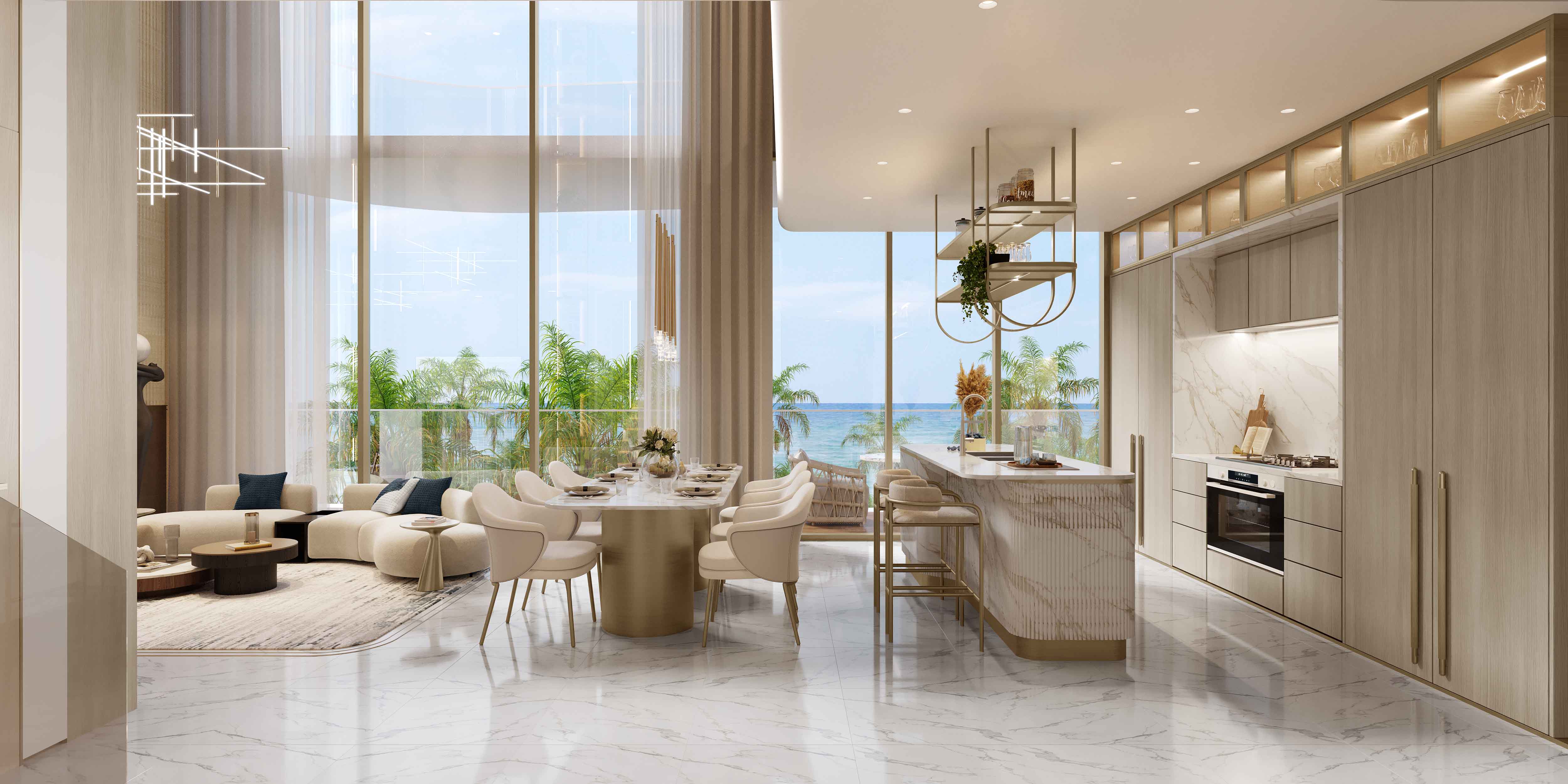 Beach Walk Grand 2 By Imtiaz Modern open-concept living space with a dining area, kitchen, and ocean view through large windows. Stylish decor.